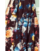 194-3 Długa suknia z hiszpańskim dekoltem - czarna w kolorowe kwiaty