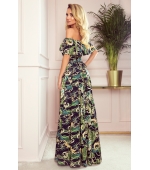 194-4 Długa suknia z hiszpańskim dekoltem - zielone liście i złote łańcuszki