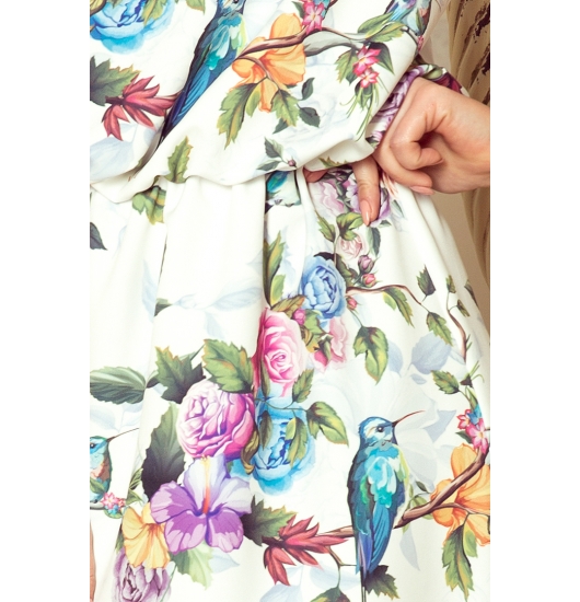 191-6 Sukienka MAXI wiązana na szyi z rozcięciem - kolorowe róże i niebieskie ptaszki
