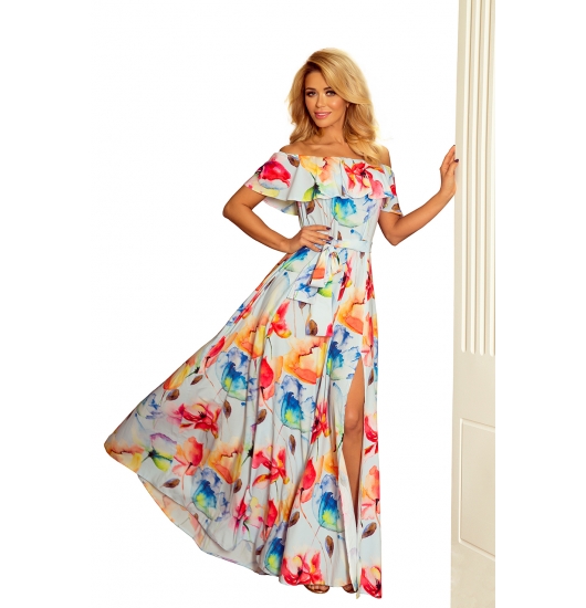 194-1 Długa suknia z hiszpańskim dekoltem - kolorowe malowane kwiaty