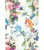 245-1 Sukienka MAXI z falbanką i dekoltem - kolorowe róże i niebieskie ptaszki