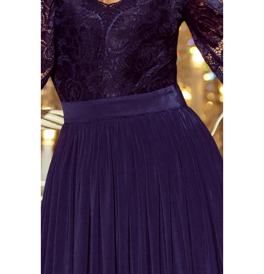 214-1 MADLEN długa suknia z koronkowym dekoltem i długim rękawkiem - GRANATOWA