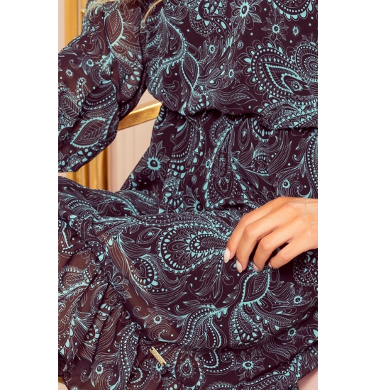 295-3 BAKARI zwiewna szyfonowa sukienka z dekoltem - TURKUSOWY WZÓR