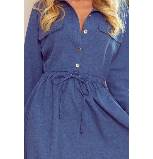 298-2 CLARA - Koszulowa sukienka z guzikami i długim rękawkiem - niebieska