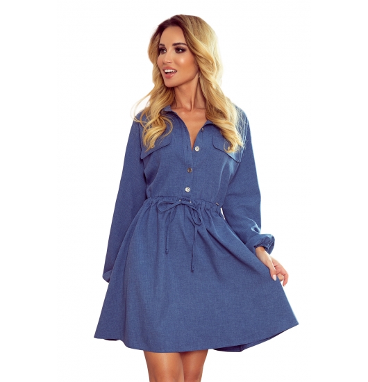 298-2 CLARA - Koszulowa sukienka z guzikami i długim rękawkiem - niebieska