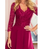 309-1 AMBER elegancka koronkowa długa suknia z dekoltem - BORDOWA